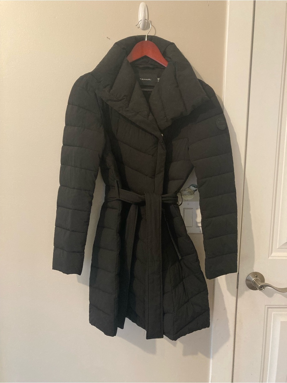 Tahari Black Quilted Belted Long Puffer Coat